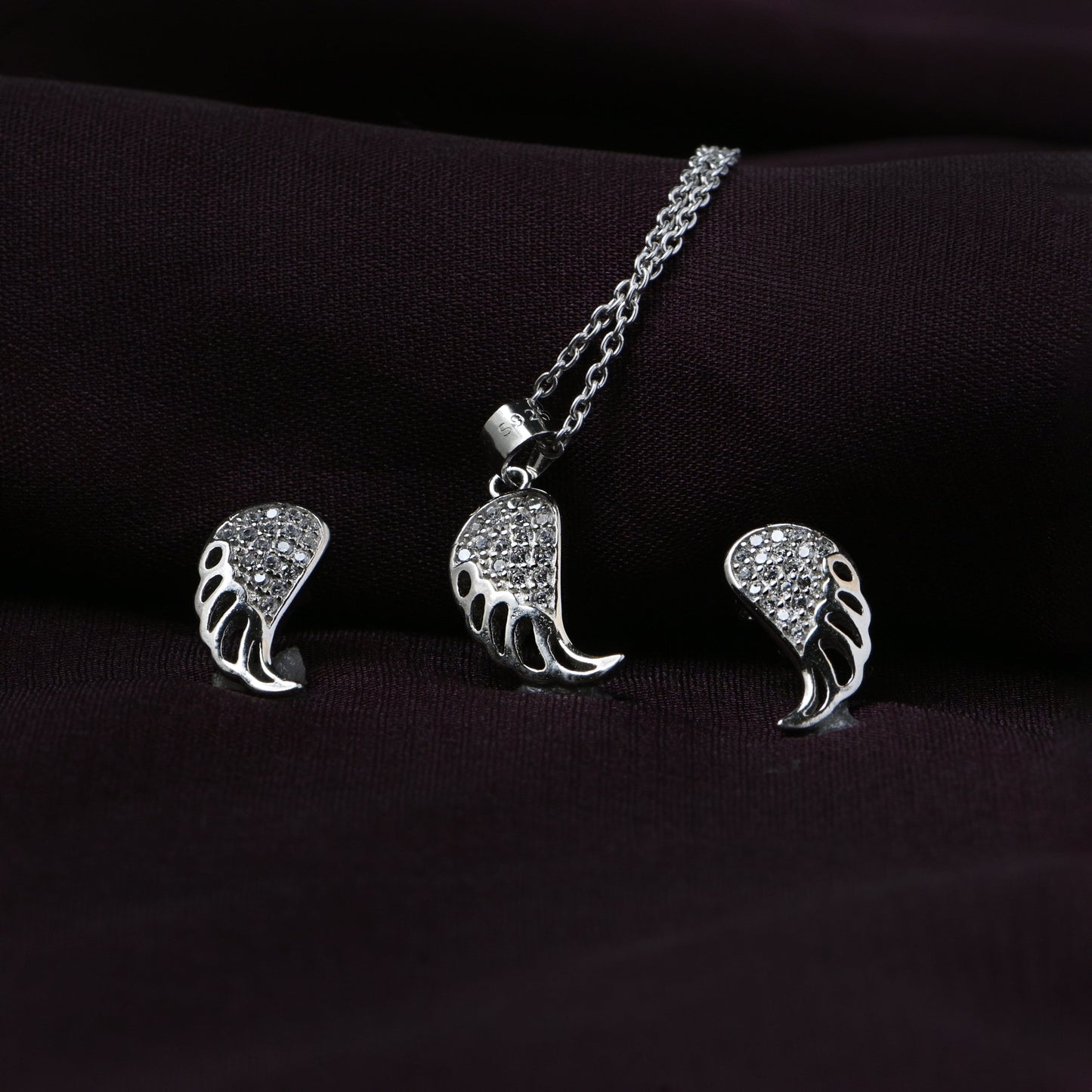 Silver Zircon Studded Leaf Sets with Link Chain